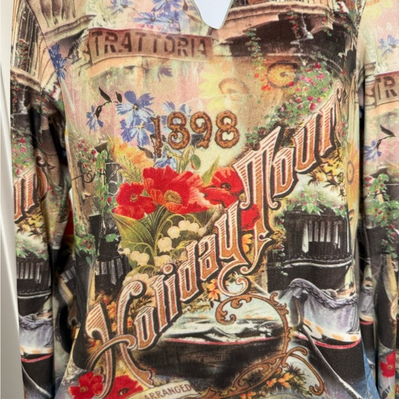 One World Womens Vintage Top French Floral Bell Sleeve Notch Neck Ruffles Medium - Picture 4 of 10